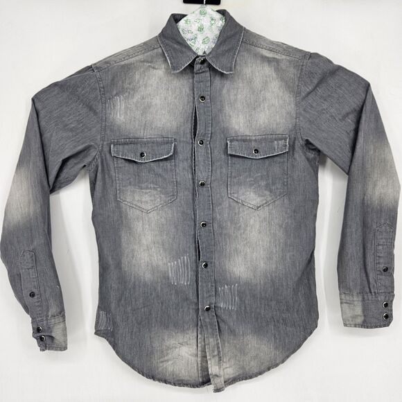 AllSaints Spitalfields Pearl Snap Shirt Mens Medium Distressed Faded Gray M - Picture 1 of 12